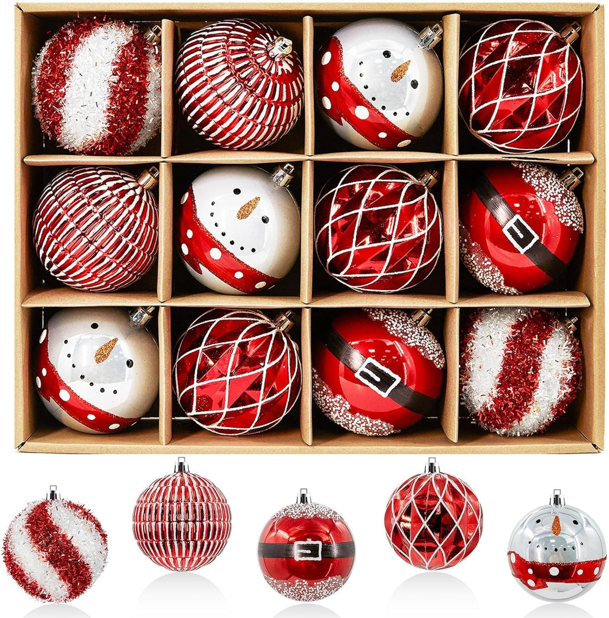 JORNOY Christmas Tree Ornaments Set of 12, 3.15inch/80MM Shatterproof Plastic Xmas Tree Ball Ornaments Bulk Decorative Hanging Baubles for Xmas Tree Decor Holiday Party Decorations, Earth Tone