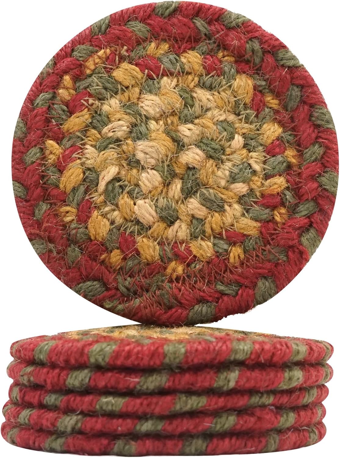 Homespice Apple Pie Braided Coasters for Country Decor, Round 4 Set of 6 | Red Absorbent Drink Coasters for Tabletop, Absorbs Moisture, Rich Colors, Durable and Easy to Clean
