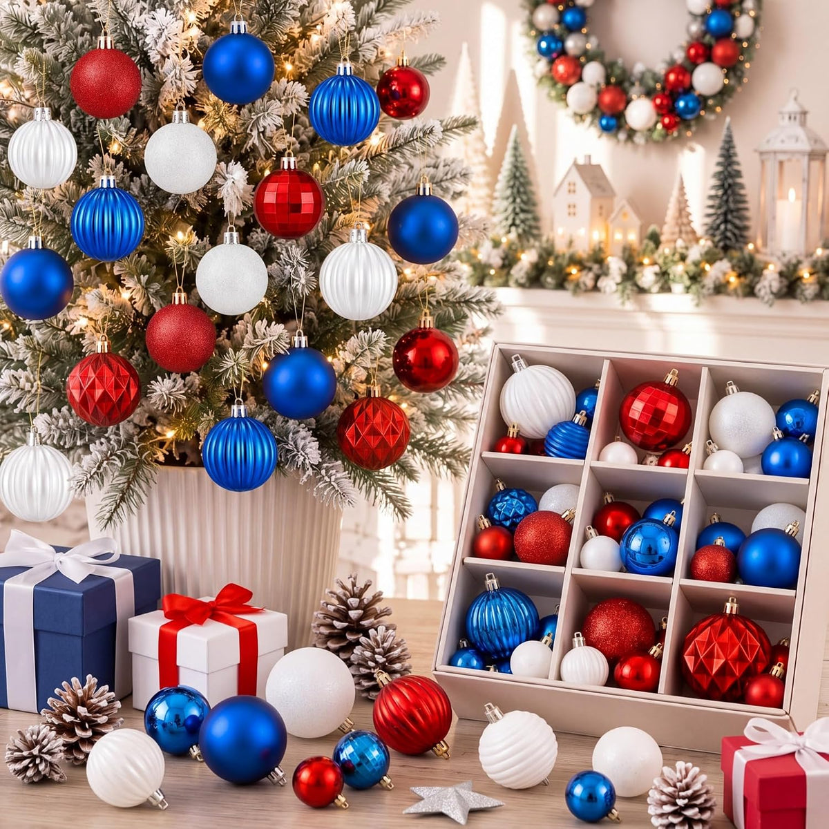 64 Pcs Neutral Christmas Ball Ornaments Brown Green White Xmas Bulbs | 1.57/1.97/2.36 Inch, Shatterproof Xmas Baubles, Assorted Size Modern Christmas Decoration, for Tree Home Indoor Holiday Decor
