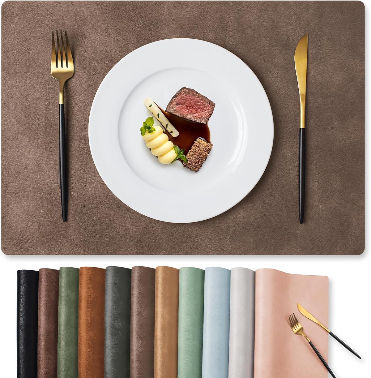 MOSAYT Fall Vinyl Faux Leather Placemats, Set of 6, Reddish Brown | Heat Resistant Table Place Mats, Waterproof Oil-proof, Non Slip, Wipeable, Reversible, For Kitchen, Dining, Party, 17x12