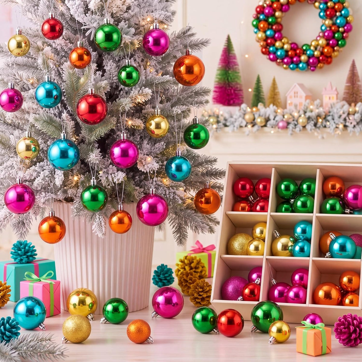 64 Pcs Neutral Christmas Ball Ornaments Brown Green White Xmas Bulbs | 1.57/1.97/2.36 Inch, Shatterproof Xmas Baubles, Assorted Size Modern Christmas Decoration, for Tree Home Indoor Holiday Decor