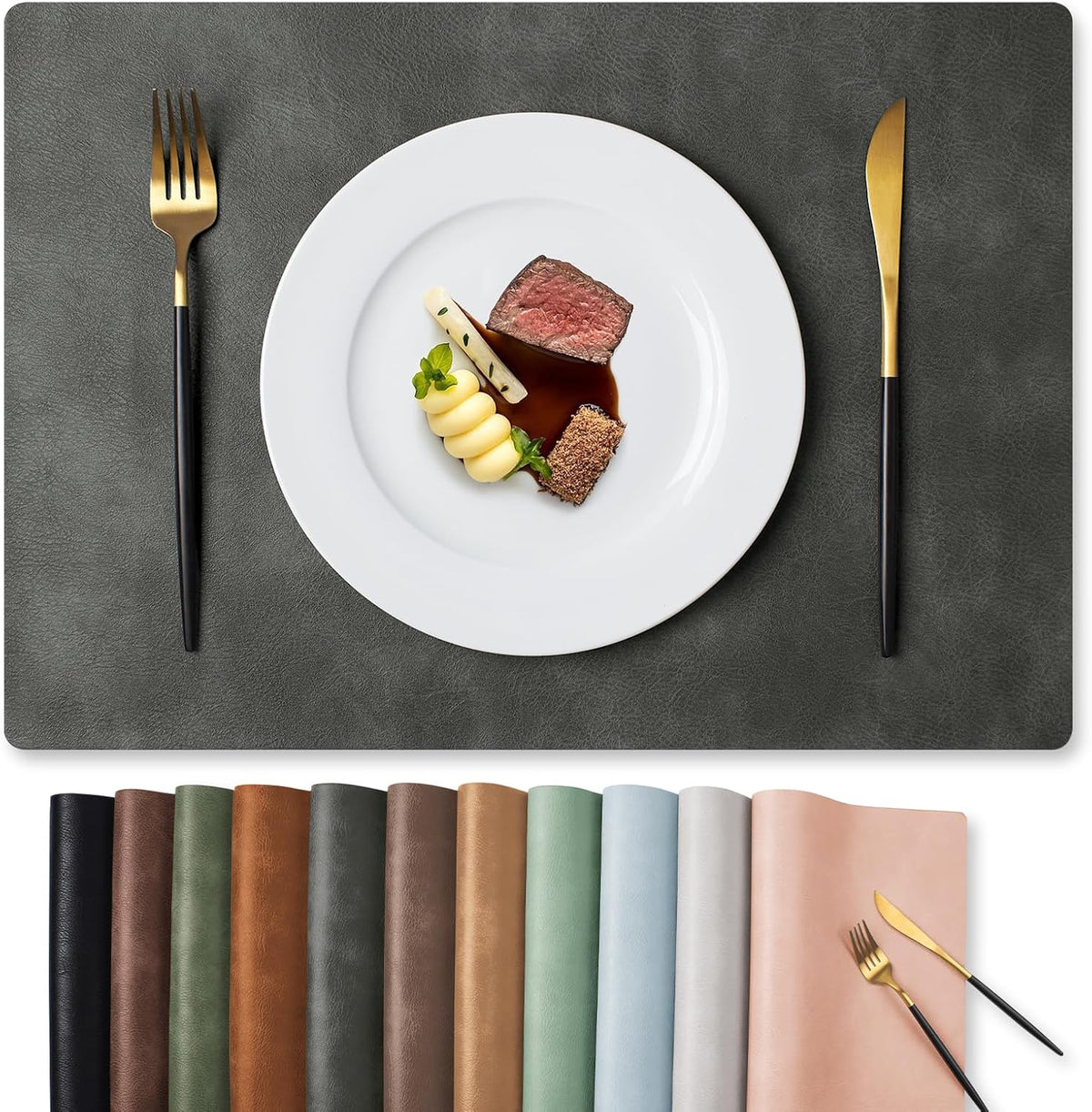 MOSAYT Fall Vinyl Faux Leather Placemats, Set of 6, Reddish Brown | Heat Resistant Table Place Mats, Waterproof Oil-proof, Non Slip, Wipeable, Reversible, For Kitchen, Dining, Party, 17x12