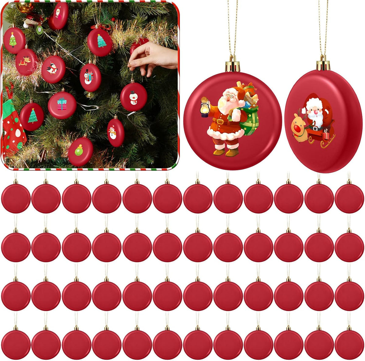 48 Pcs 3.15 Inch Red Christmas Ornaments Blank Flat Discs Ball | Matte Surface for Painting Stickers Decals, Xmas Tree Hanging Decorations, DIY Crafts Projects, Shatterproof