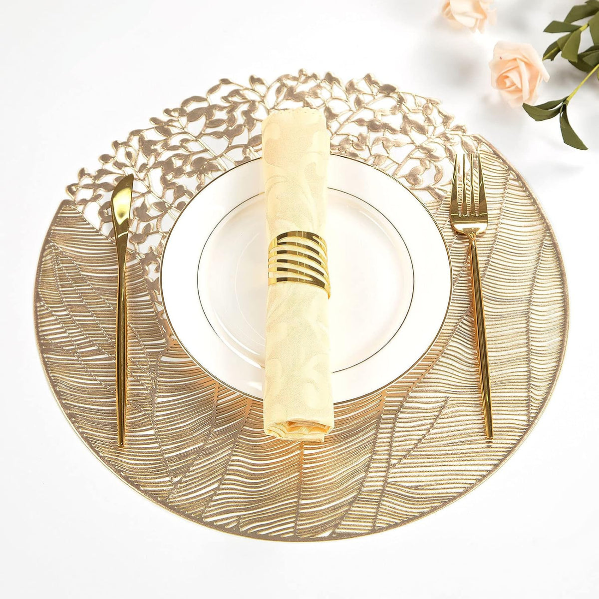Crisjanggo Silver Placemats Set of 8 Round Leaf Table Place Mats | Pressed Vinyl Dining Table Mats Non-Slip Wipeable Washable for Dinner,Party,Home Decoration Wedding Accent Centerpiece
