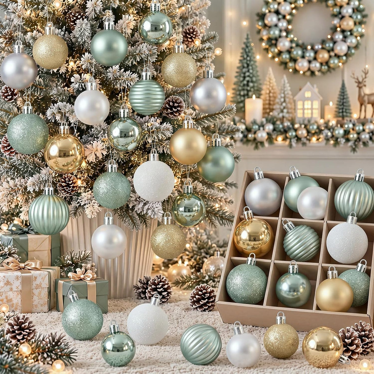 64 Pcs Neutral Christmas Ball Ornaments Brown Green White Xmas Bulbs | 1.57/1.97/2.36 Inch, Shatterproof Xmas Baubles, Assorted Size Modern Christmas Decoration, for Tree Home Indoor Holiday Decor
