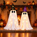 Halloween Ghost Decor, DIY 2 Pack Cute Light Up Ghosts, 8 Lighting Modes | Battery Operated Ghosts with Black & Purple Witch Hats and Adjustable Height for Mantel, Tabletop, Indoor and Covered Porch