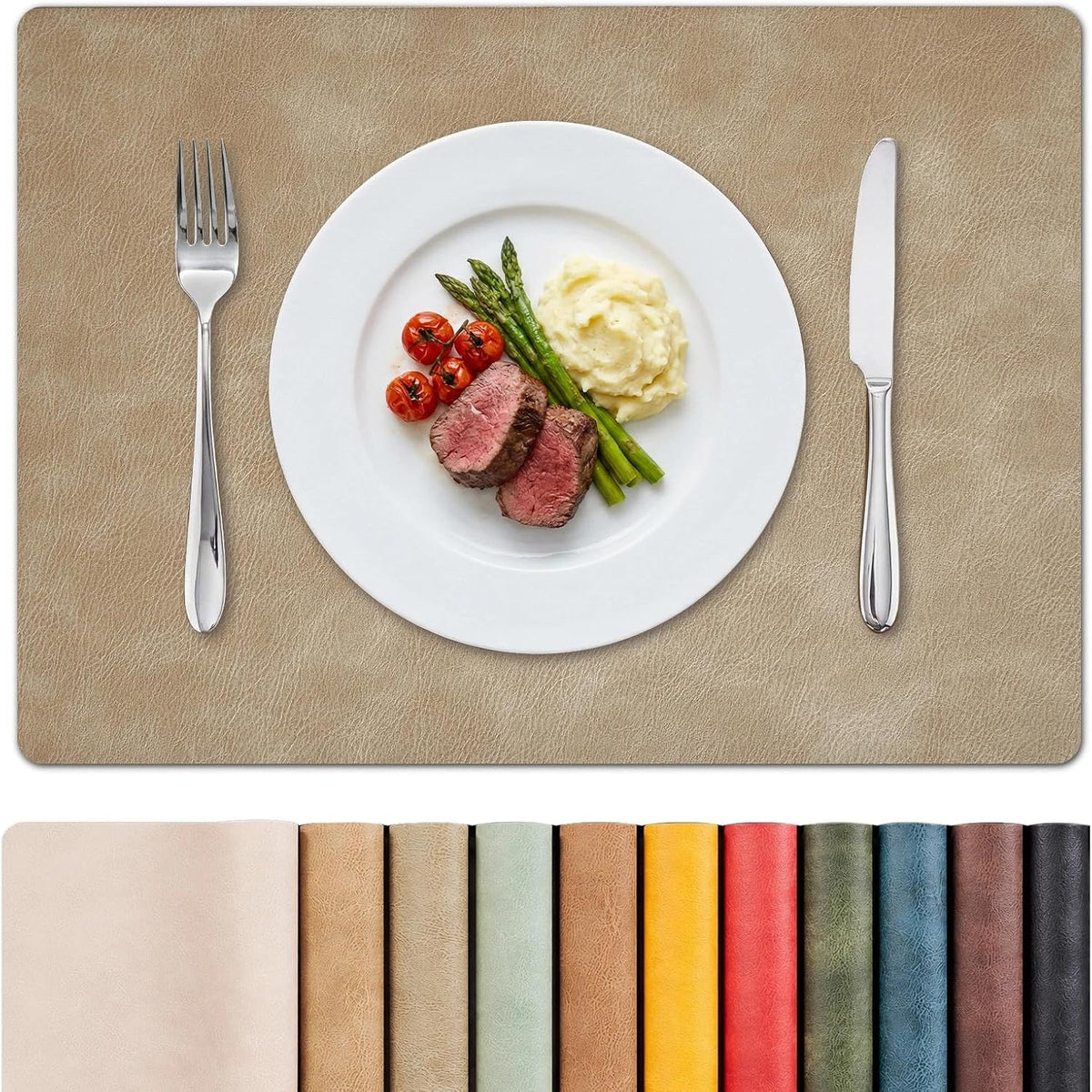 MOSAYT Fall Vinyl Faux Leather Placemats, Set of 6, Reddish Brown | Heat Resistant Table Place Mats, Waterproof Oil-proof, Non Slip, Wipeable, Reversible, For Kitchen, Dining, Party, 17x12