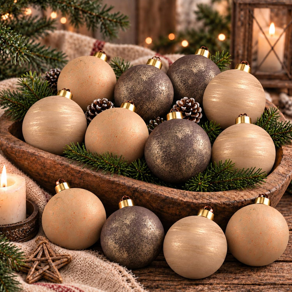 12 Pcs 3.15 Inch Neutral Christmas Ornaments Balls for Tree | Textured Rustic Shatterproof Xmas Baubles Hanging Ornaments for Table Centerpieces Wreath Home Decor