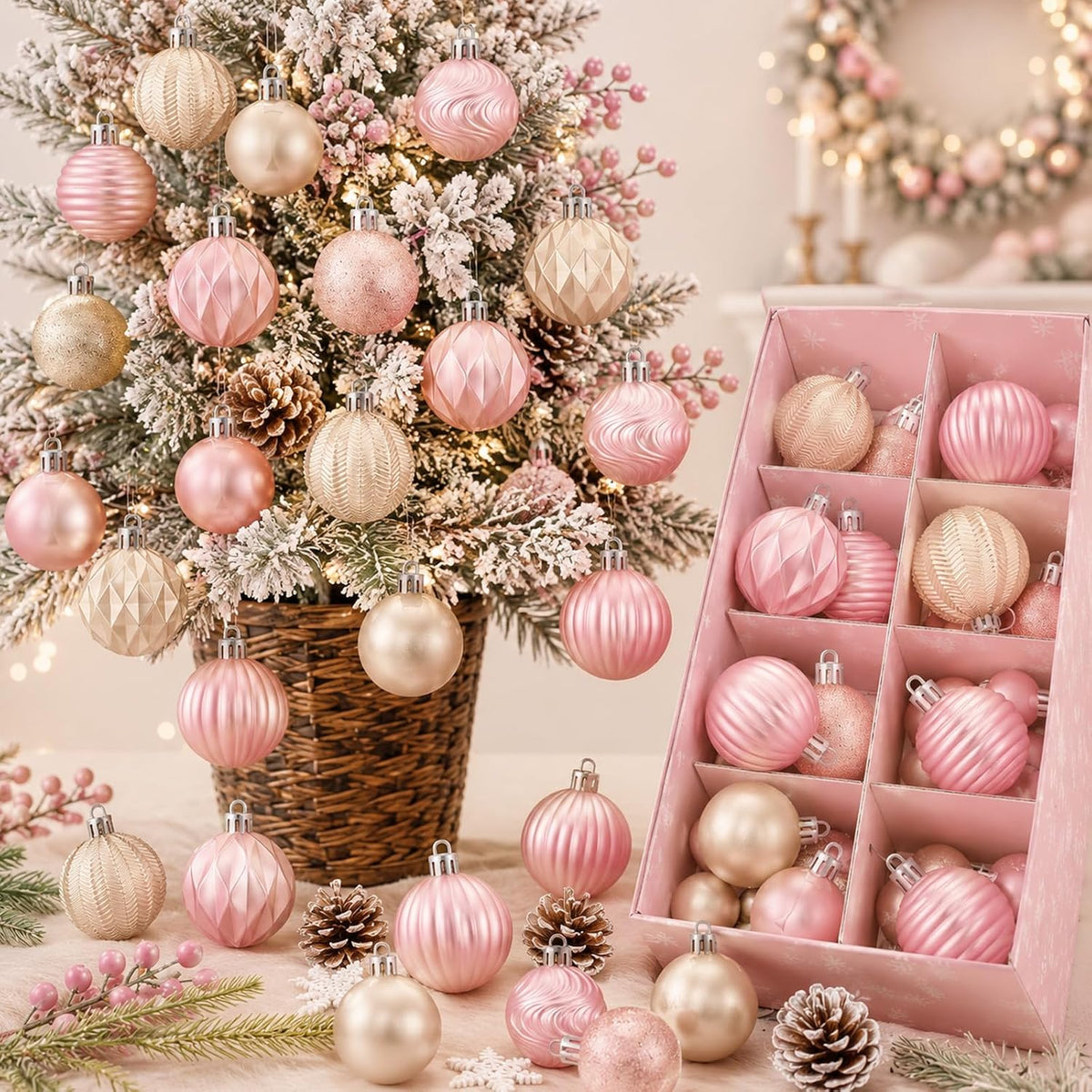 64 Pcs Neutral Christmas Ball Ornaments Brown Green White Xmas Bulbs | 1.57/1.97/2.36 Inch, Shatterproof Xmas Baubles, Assorted Size Modern Christmas Decoration, for Tree Home Indoor Holiday Decor