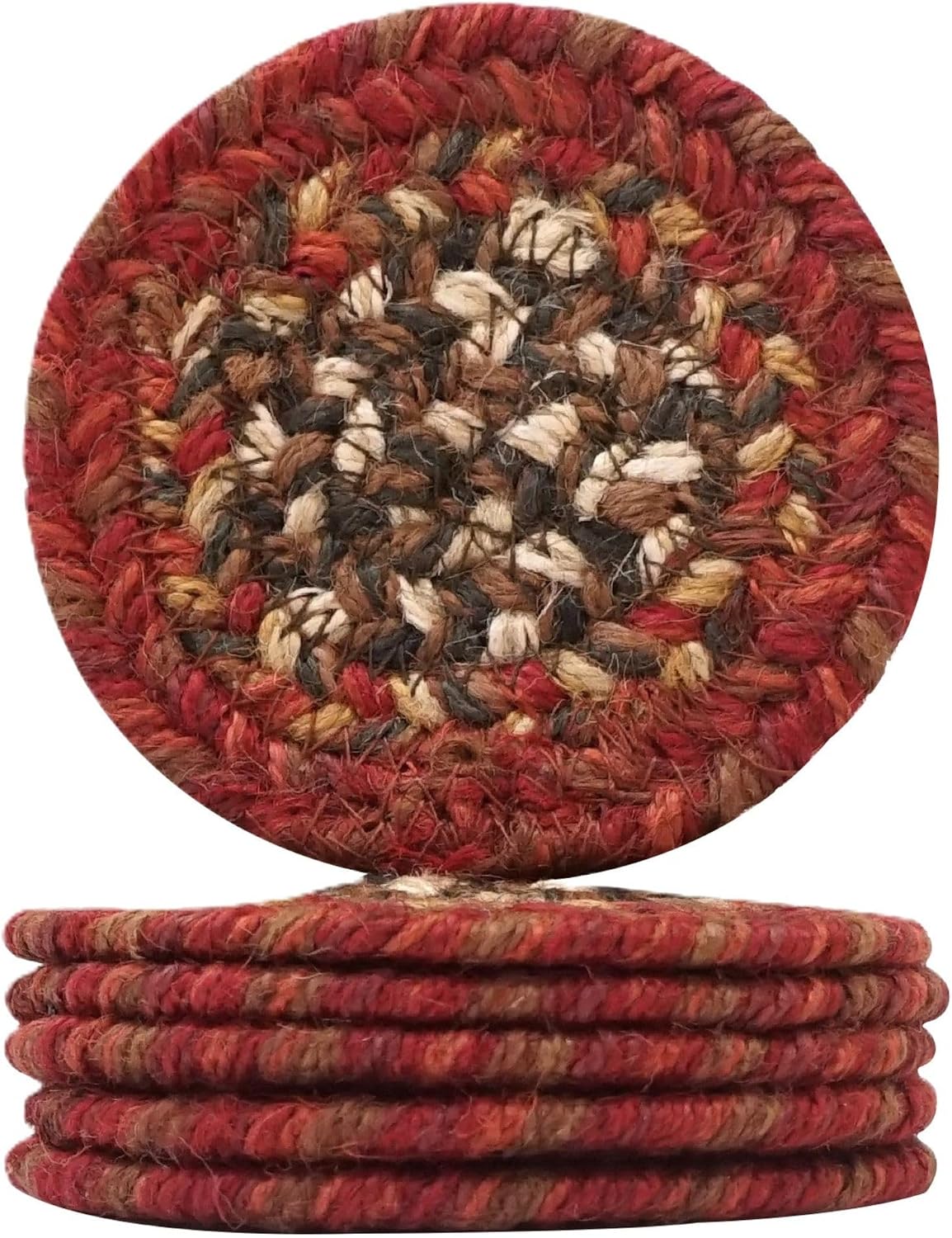 Homespice Apple Pie Braided Coasters for Country Decor, Round 4 Set of 6 | Red Absorbent Drink Coasters for Tabletop, Absorbs Moisture, Rich Colors, Durable and Easy to Clean