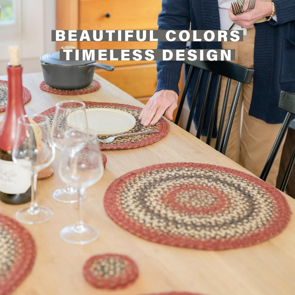 Homespice Apple Pie Braided Coasters for Country Decor, Round 4 Set of 6 | Red Absorbent Drink Coasters for Tabletop, Absorbs Moisture, Rich Colors, Durable and Easy to Clean
