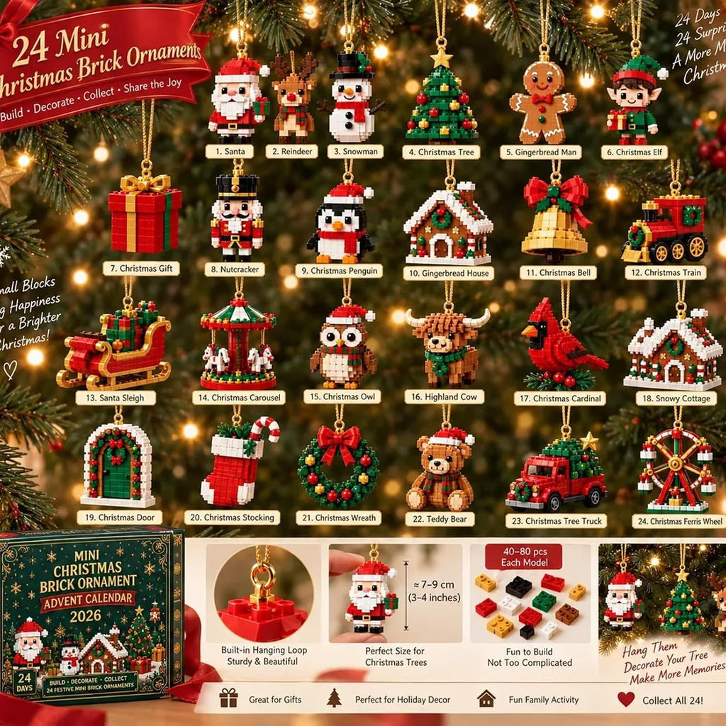 24-Day Mini Christmas Brick Ornament advent calendar 2026, 24 Unique Buildable Holiday Designs with Hanging Loops, DIY Building Set for Christmas Trees, Garlands, Mantels Festive Displays