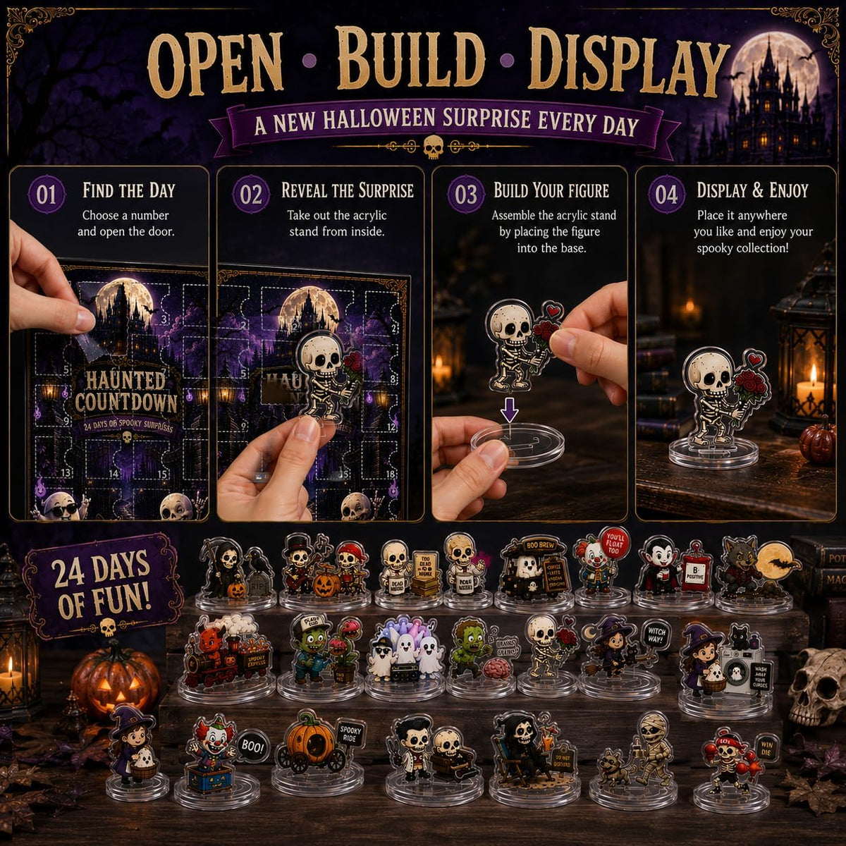 Halloween Advent Calendar 2026, 24-Day Countdown with 24 Acrylic Standees | Halloween Advent Calendar Halloween Countdown 24 Daily Surprises Halloween Collectibles Spooky Home Decor