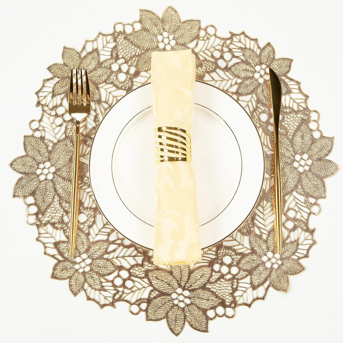 Crisjanggo Silver Placemats Set of 8 Round Leaf Table Place Mats | Pressed Vinyl Dining Table Mats Non-Slip Wipeable Washable for Dinner,Party,Home Decoration Wedding Accent Centerpiece