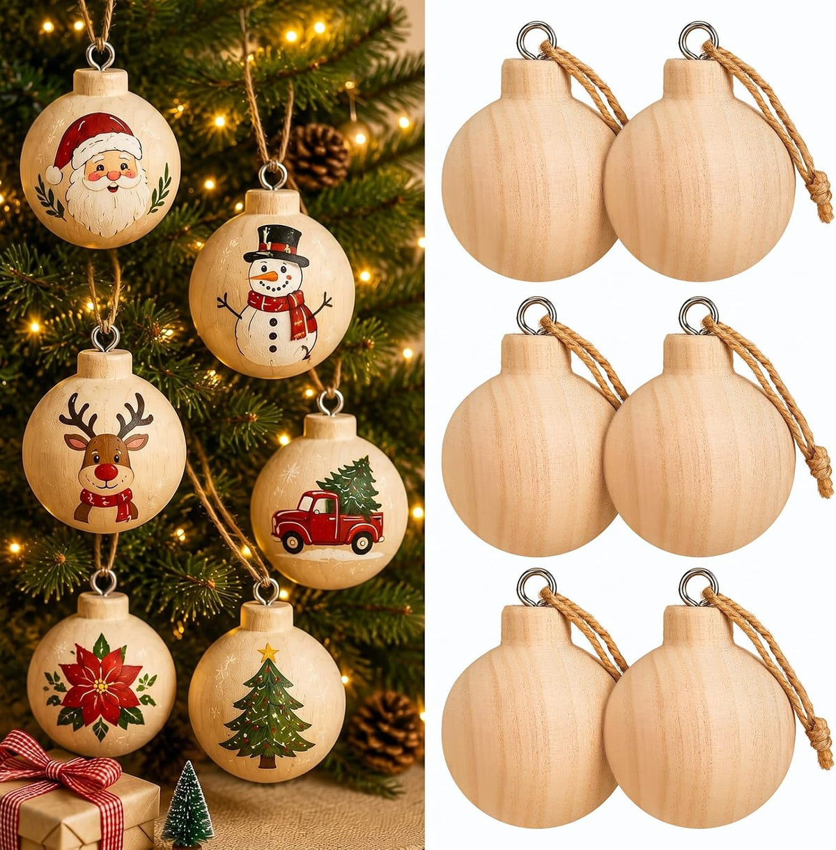Hiboom 12 Pcs Unfinished Christmas Ball Ornaments Paulownia Wood 2.4in | Blank Ball Ornament for Christmas Tree, DIY Paintable Ball Decoration for Hanging, Natural Round, for Craft Art Holiday Party