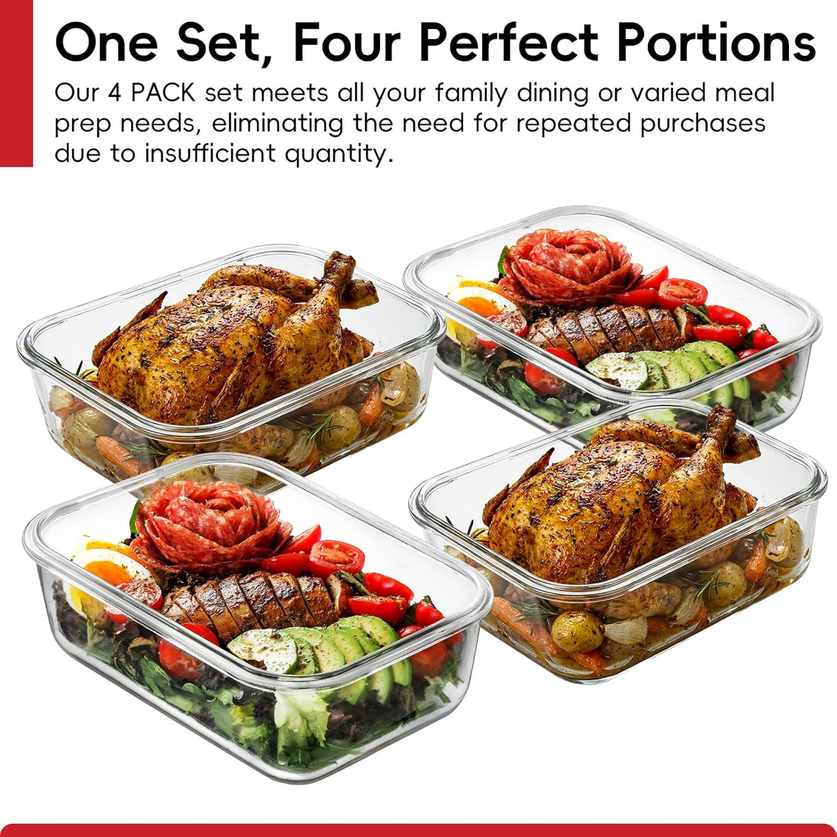 Snuvid 4 Pack 8 Cups/ 63oz Large Glass Storage Containers with Lids, Meal Prep Containers, Glass Food Storage with Airtight Lid for Baking, Leak Proof & Microwave, Oven Safe (4 Containers + 4 Lids)