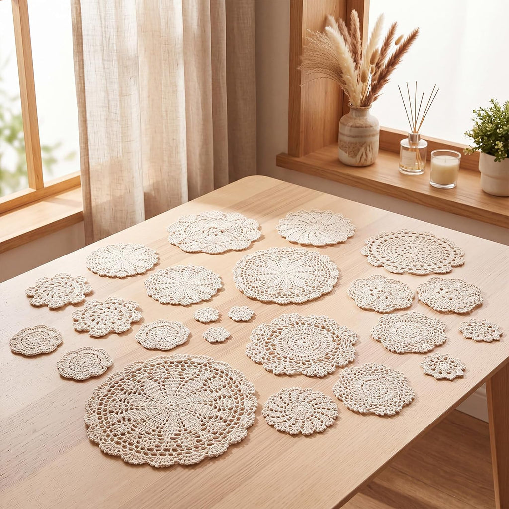 Irenare 24 Pcs Hand Crochet Lace Doilies Set 3 to 10 Inch Cotton Lace Doilies Vintage Round Floral Table Decor Placemats Coasters for Wedding Bridal Shower Boho Farmhouse Decoration