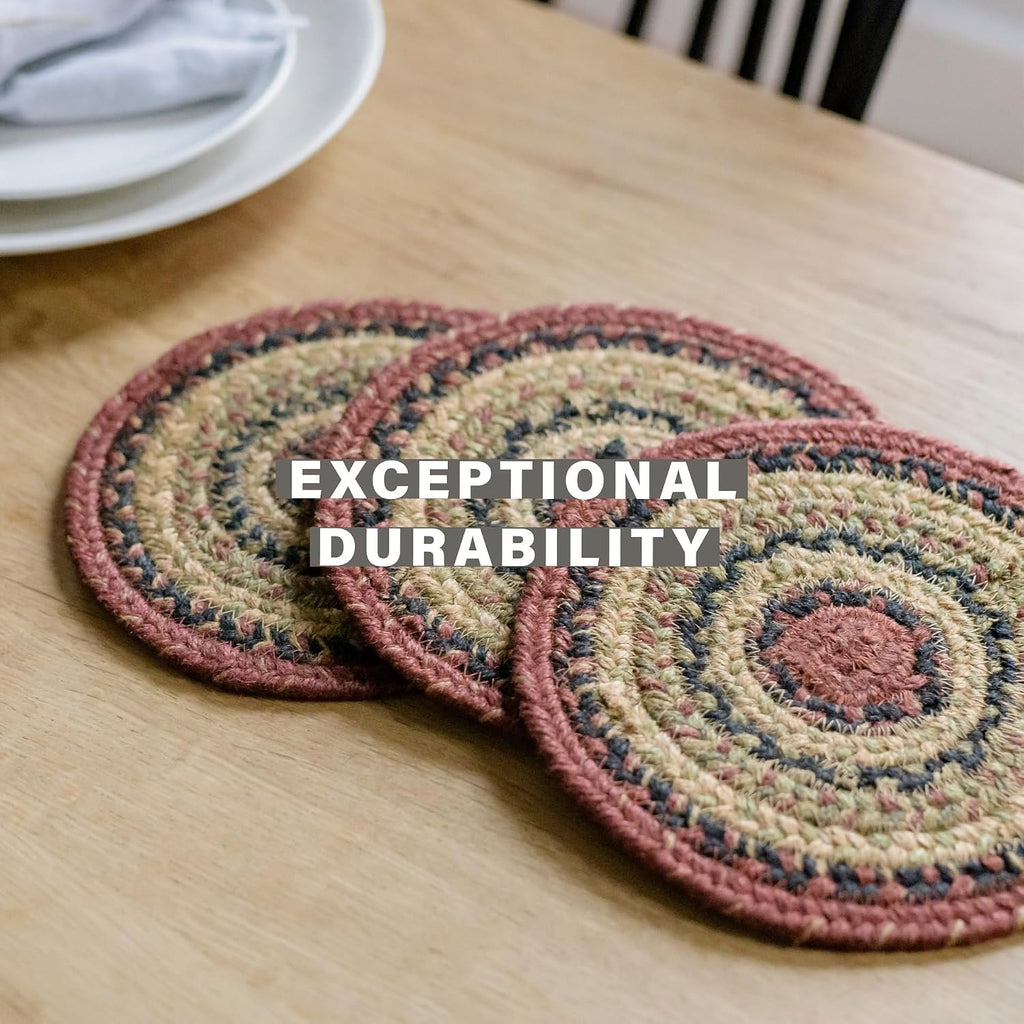 Homespice Apple Pie Braided Coasters for Country Decor, Round 4 Set of 6 | Red Absorbent Drink Coasters for Tabletop, Absorbs Moisture, Rich Colors, Durable and Easy to Clean