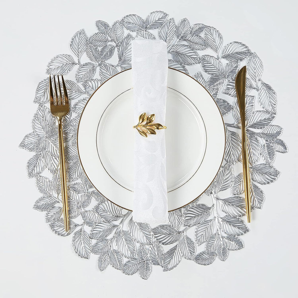 Crisjanggo Silver Placemats Set of 8 Round Leaf Table Place Mats | Pressed Vinyl Dining Table Mats Non-Slip Wipeable Washable for Dinner,Party,Home Decoration Wedding Accent Centerpiece