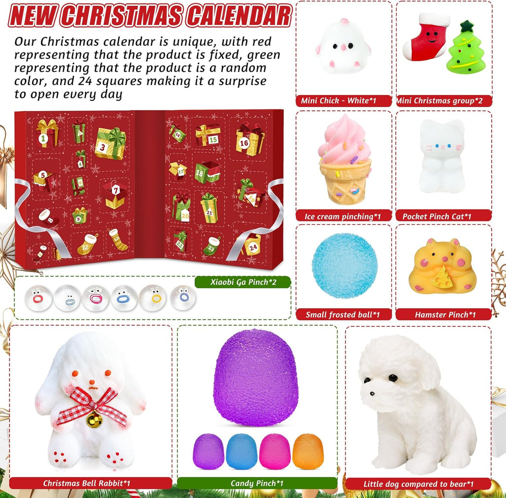Advent Calendar 2026, 24 Days of Christmas Countdown Calendar | Including 24 Kawaii Squishies Toys, Surprises Sensory Fidget Toys for Kids & Adult, Christmas Party Favors Squeeze Gift