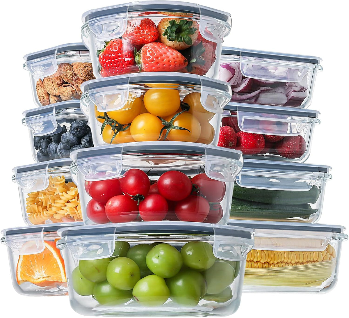 24pc Glass Food Storage Containers with Lids，Glass Meal Prep Containers | Borosilicate Glass Lunch Containers, Airtight Lunch Bento Box, BPA-Free, Dishwasher, Freezer, Oven Safe, Leak proof-Grey