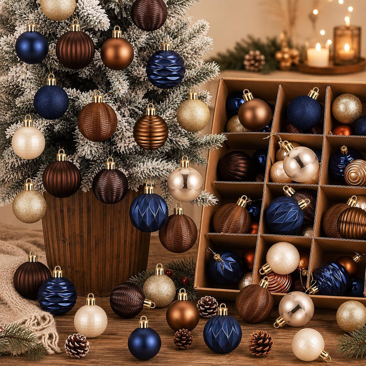64 Pcs Neutral Christmas Ball Ornaments Brown Green White Xmas Bulbs | 1.57/1.97/2.36 Inch, Shatterproof Xmas Baubles, Assorted Size Modern Christmas Decoration, for Tree Home Indoor Holiday Decor