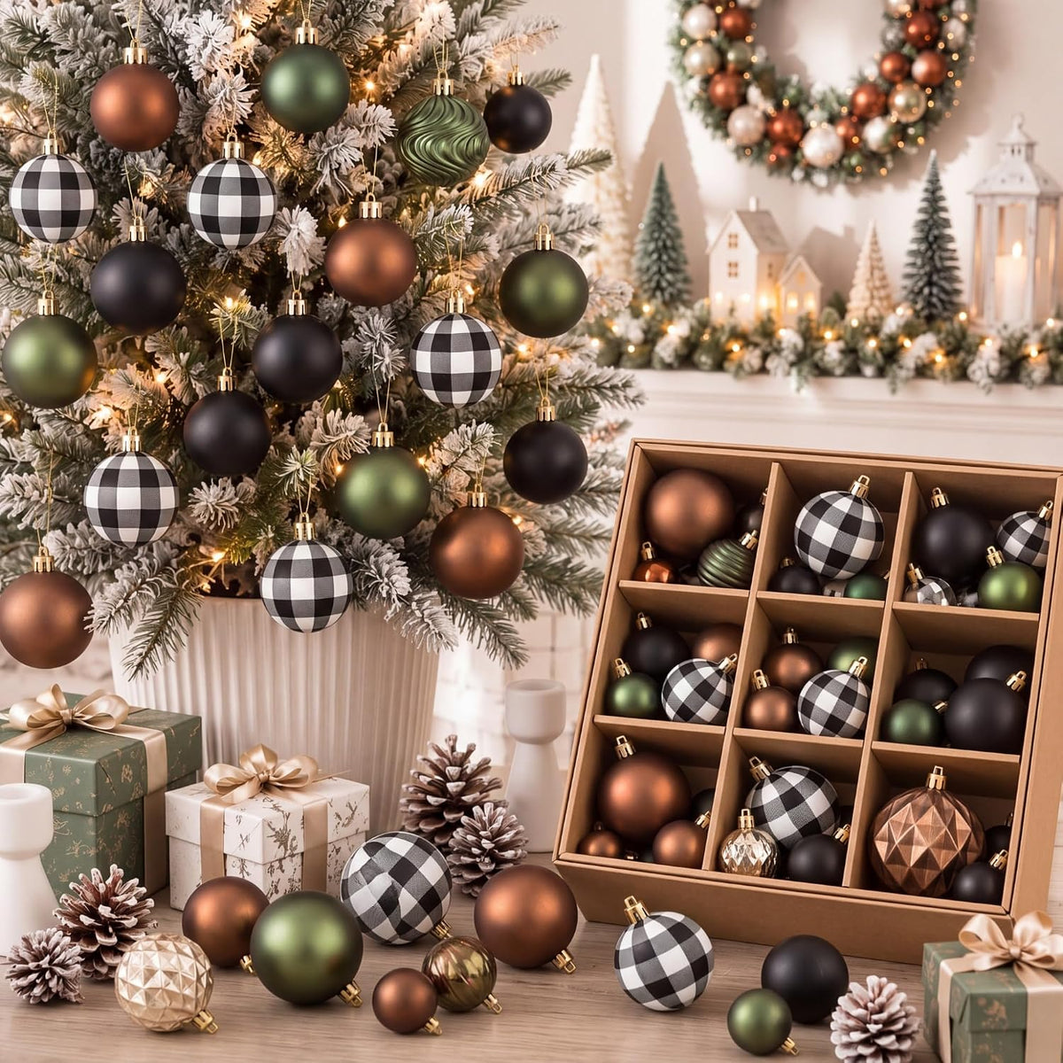 64 Pcs Neutral Christmas Ball Ornaments Brown Green White Xmas Bulbs | 1.57/1.97/2.36 Inch, Shatterproof Xmas Baubles, Assorted Size Modern Christmas Decoration, for Tree Home Indoor Holiday Decor