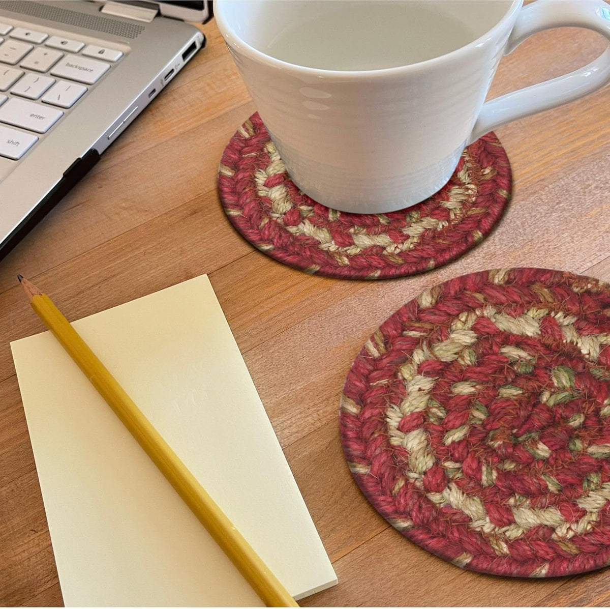 Homespice Apple Pie Braided Coasters for Country Decor, Round 4 Set of 6 | Red Absorbent Drink Coasters for Tabletop, Absorbs Moisture, Rich Colors, Durable and Easy to Clean