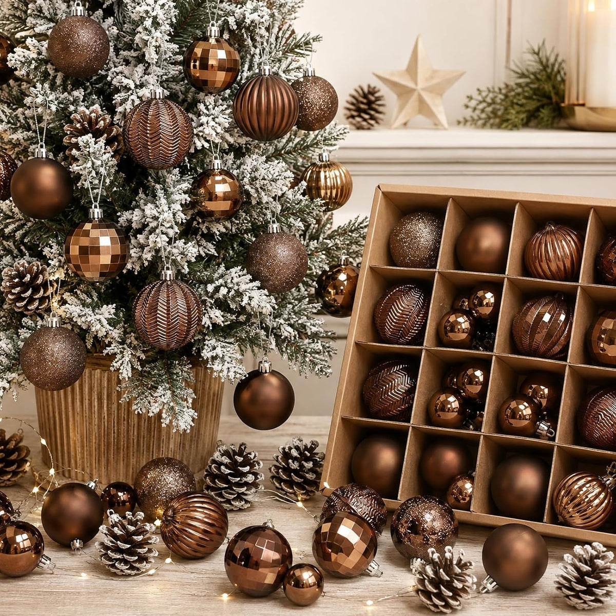 64 Pcs Neutral Christmas Ball Ornaments Brown Green White Xmas Bulbs | 1.57/1.97/2.36 Inch, Shatterproof Xmas Baubles, Assorted Size Modern Christmas Decoration, for Tree Home Indoor Holiday Decor