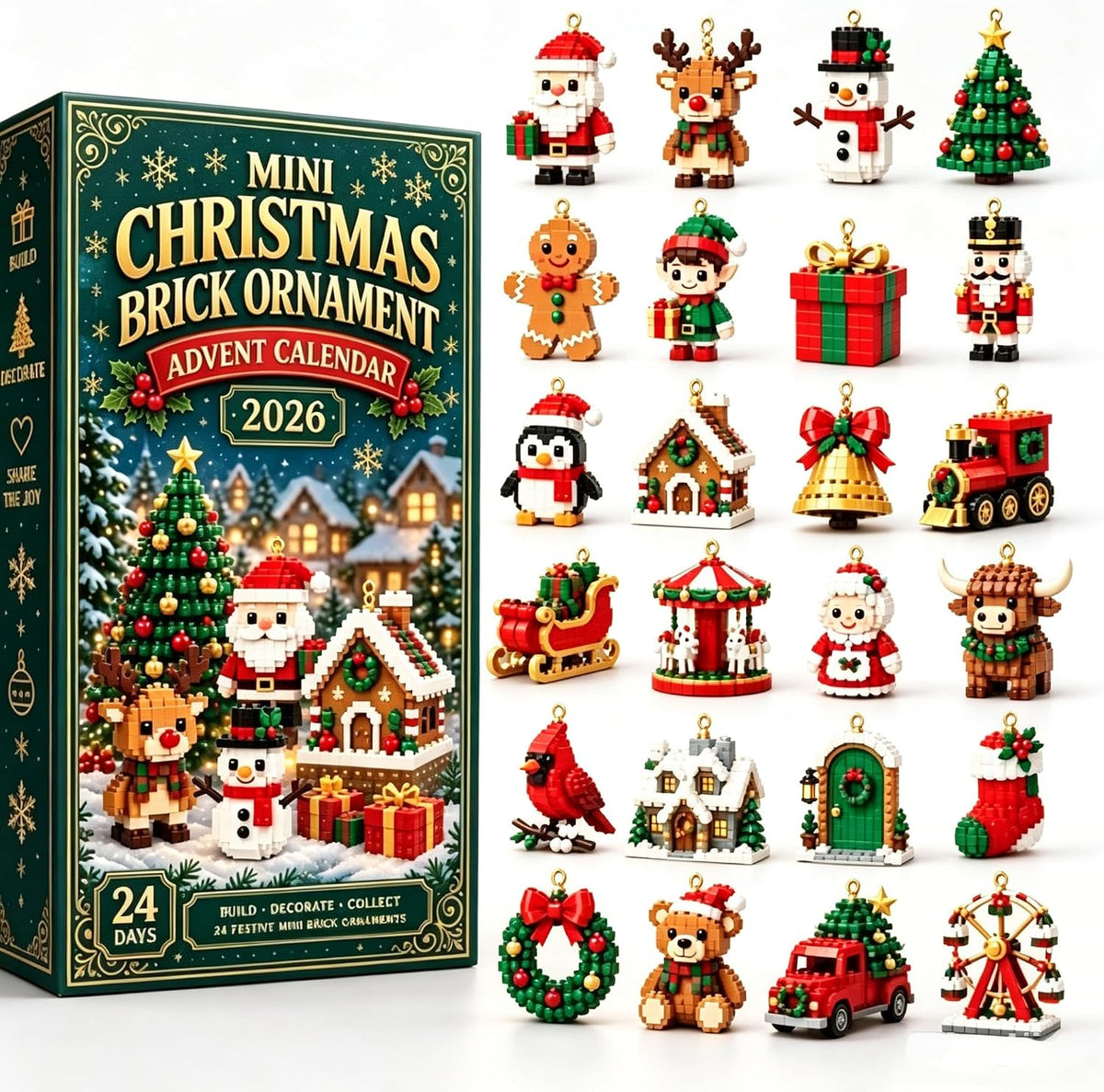 24-Day Mini Christmas Brick Ornament advent calendar 2026, 24 Unique Buildable Holiday Designs with Hanging Loops, DIY Building Set for Christmas Trees, Garlands, Mantels Festive Displays