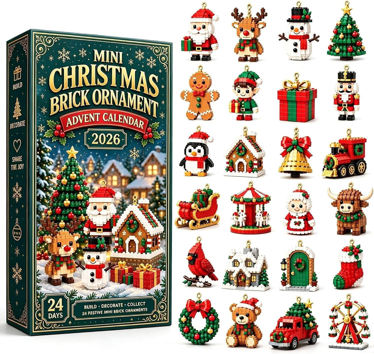 24-Day Mini Christmas Ornament Advent Calendar, 2D Acrylic Designs | Christmas Advent Calendar with Hanging Rope, Festive Hanging Decorations for Christmas Trees, Garlands & Mantels Display