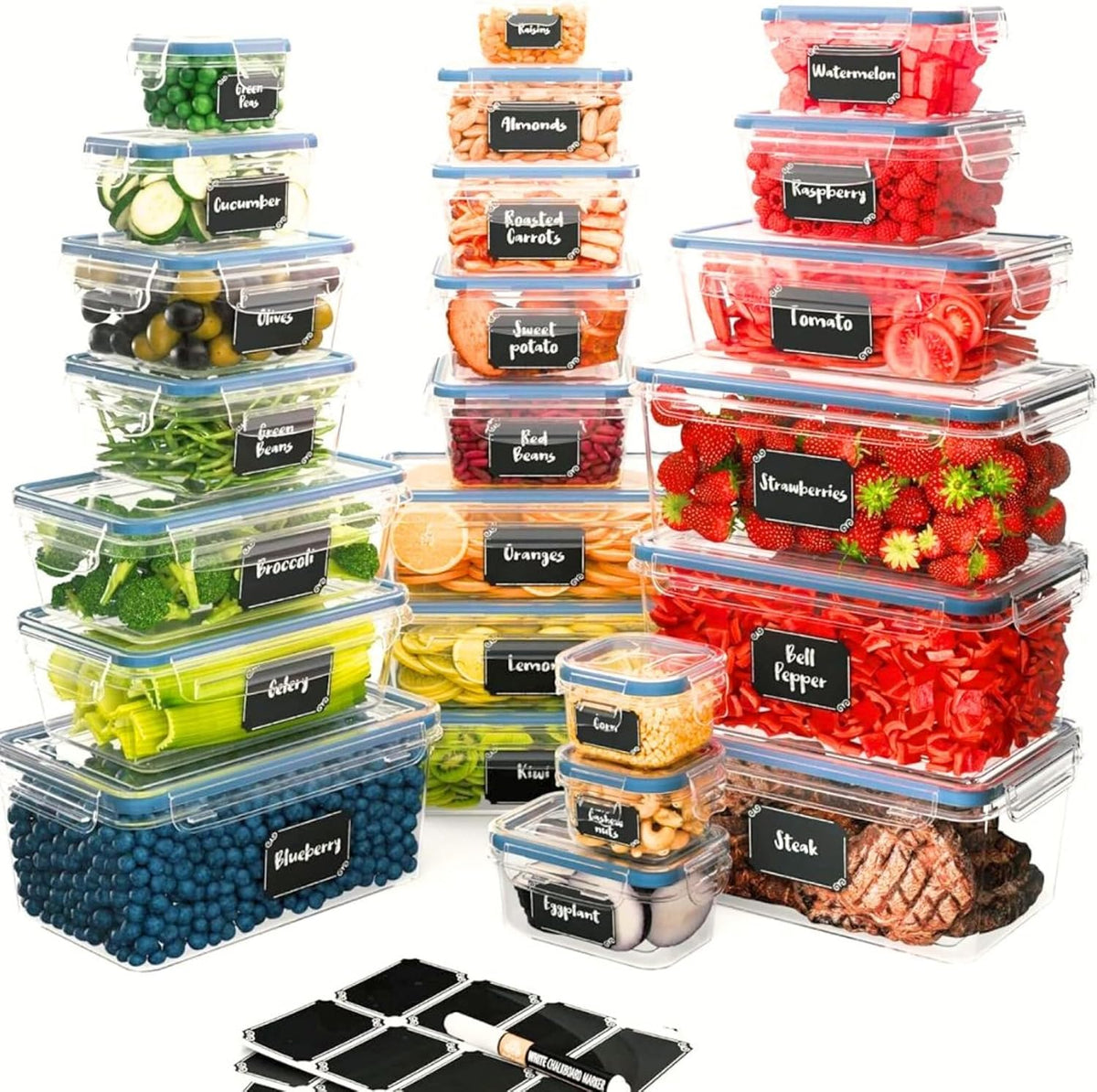 Chef's Path 32 Piece Airtight Food Storage Containers with Easy Snap Lids, 16 Containers and Lids, Stackable Kitchen and Pantry Canisters for Meal Prep and Food Storage - Transparent