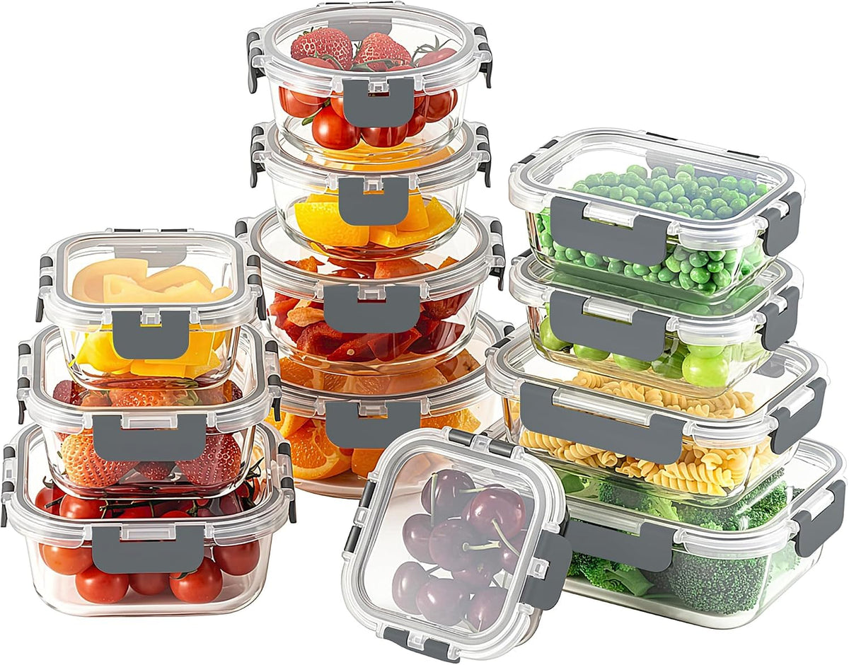 24pc Glass Food Storage Containers with Lids，Glass Meal Prep Containers | Borosilicate Glass Lunch Containers, Airtight Lunch Bento Box, BPA-Free, Dishwasher, Freezer, Oven Safe, Leak proof-Grey