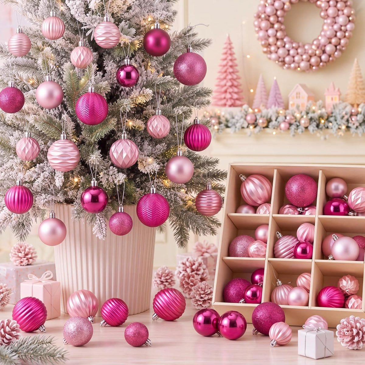 64 Pcs Neutral Christmas Ball Ornaments Brown Green White Xmas Bulbs | 1.57/1.97/2.36 Inch, Shatterproof Xmas Baubles, Assorted Size Modern Christmas Decoration, for Tree Home Indoor Holiday Decor