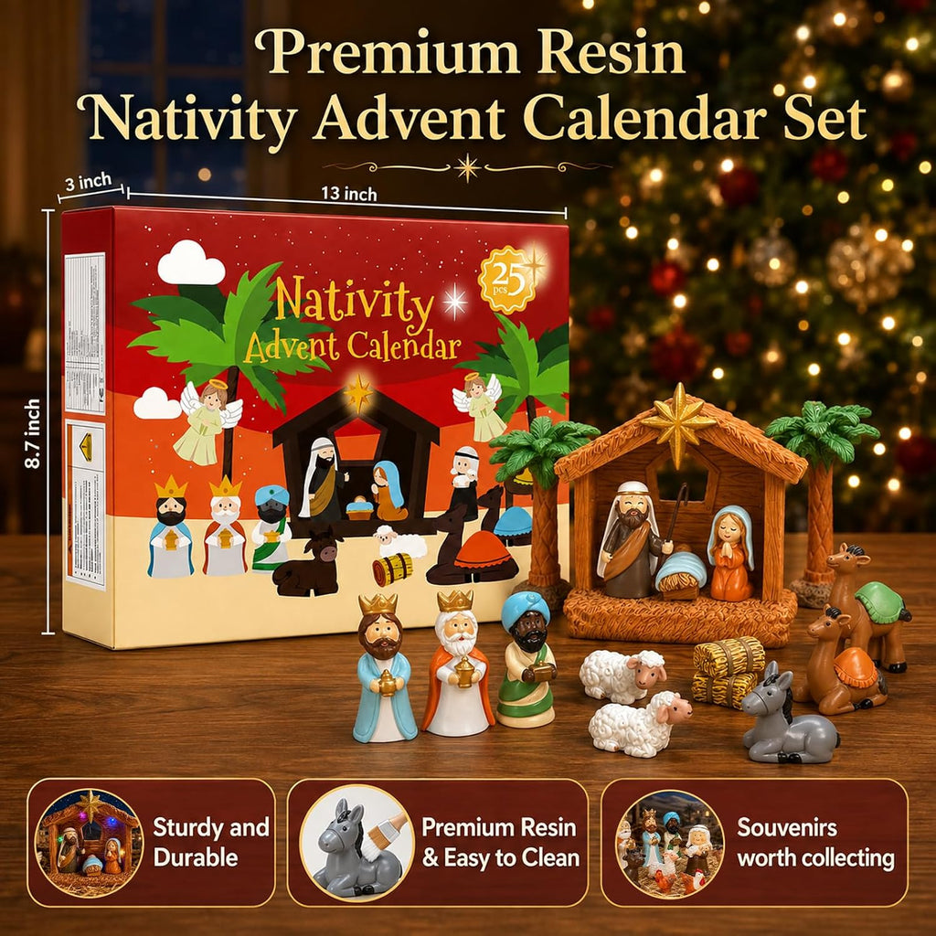 Nativity Advent Calendar 2026, 25-Piece Christmas Countdown Calendar | 24-Day Light-Up Nativity Scene Set, Resin Advent Calendar for Kids, Christmas Decor & Gifts for Boys and Girls