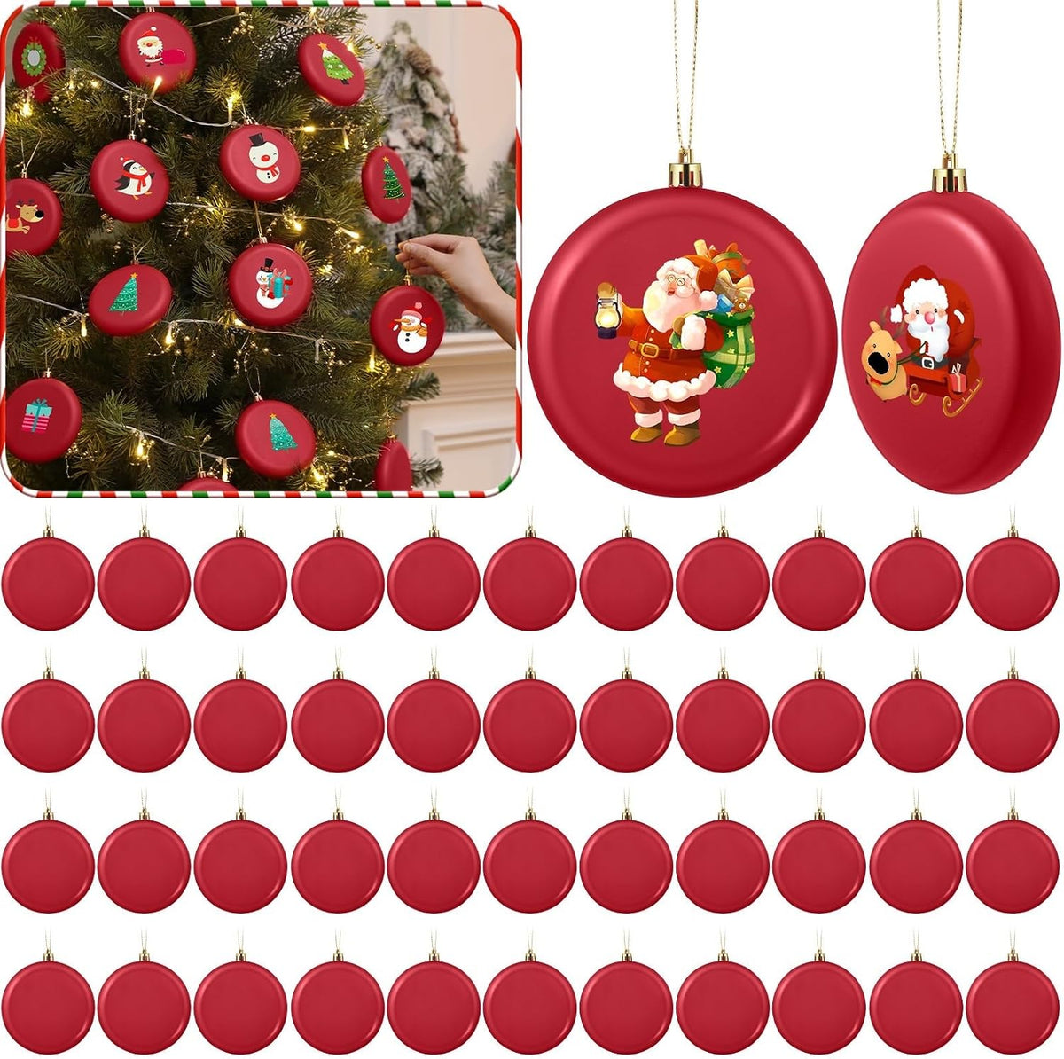 48 Pcs 3.15 Inch Red Christmas Ornaments Blank Flat Discs Ball | Matte Surface for Painting Stickers Decals, Xmas Tree Hanging Decorations, DIY Crafts Projects, Shatterproof