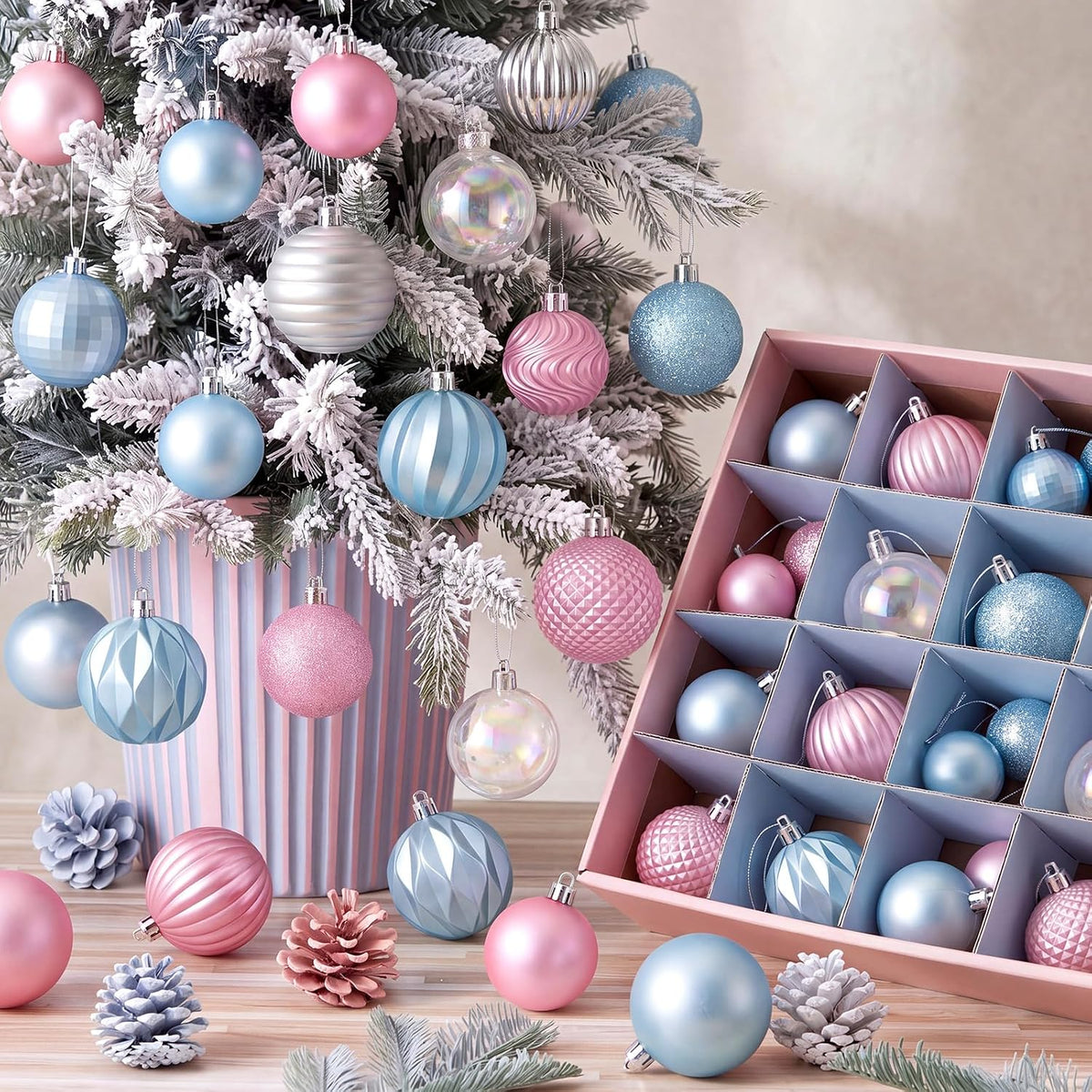 64 Pcs Neutral Christmas Ball Ornaments Brown Green White Xmas Bulbs | 1.57/1.97/2.36 Inch, Shatterproof Xmas Baubles, Assorted Size Modern Christmas Decoration, for Tree Home Indoor Holiday Decor