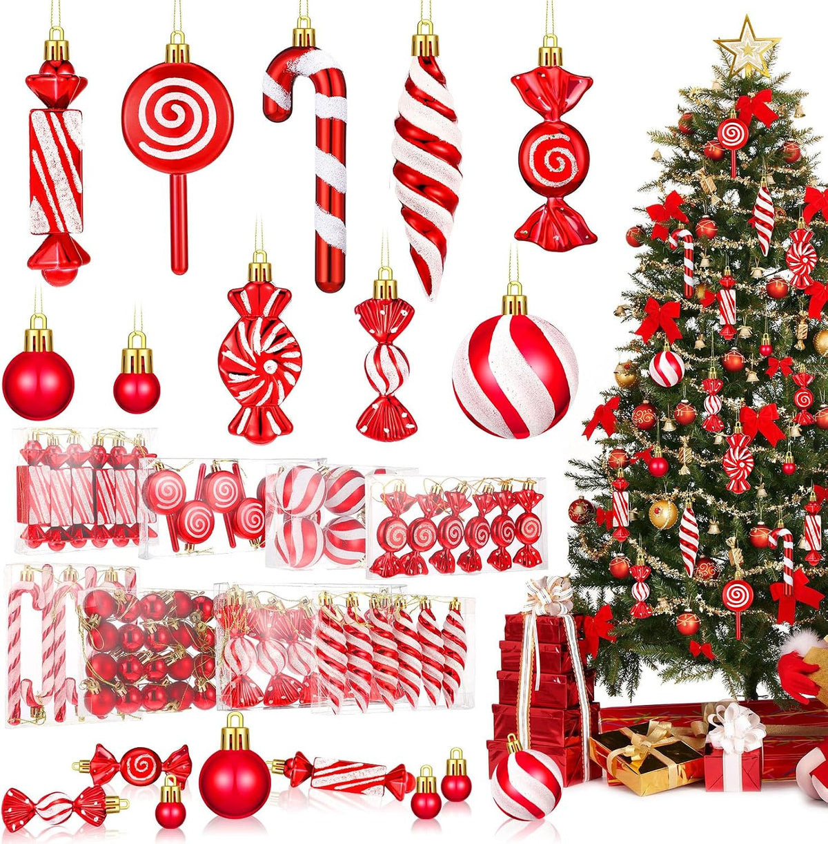 96 Pcs Christmas Tree Ornaments Colorful Candy Ball Ornament | Christmas Hanging Glitter Candy Cane Decorations， Christmas Tree Peppermint Swirl Lollipop Decorations, Xmas Party Tree Decor