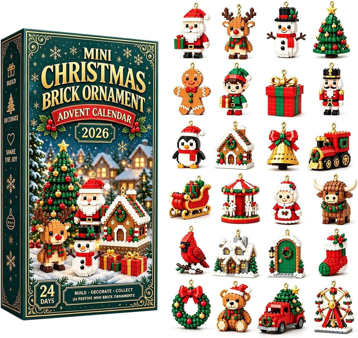 24-Day Mini Christmas Ornament Advent Calendar, 2D Acrylic Designs | Christmas Advent Calendar with Hanging Rope, Festive Hanging Decorations for Christmas Trees, Garlands & Mantels Display