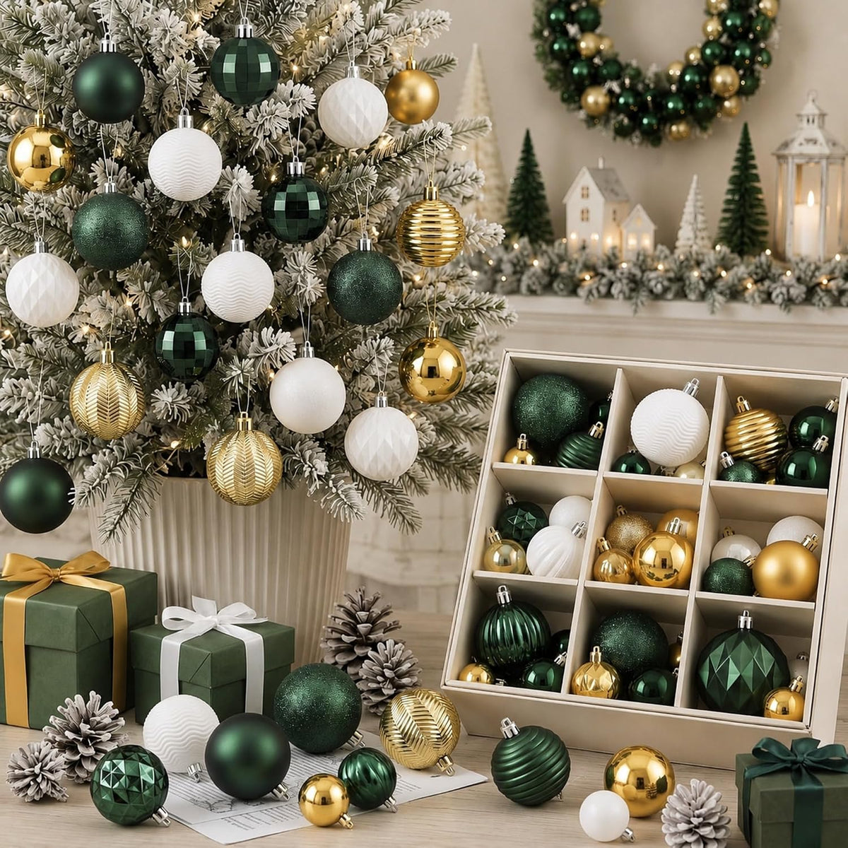 64 Pcs Neutral Christmas Ball Ornaments Brown Green White Xmas Bulbs | 1.57/1.97/2.36 Inch, Shatterproof Xmas Baubles, Assorted Size Modern Christmas Decoration, for Tree Home Indoor Holiday Decor