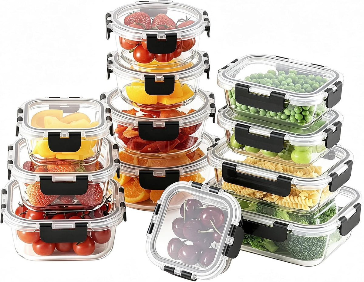 24pc Glass Food Storage Containers with Lids，Glass Meal Prep Containers | Borosilicate Glass Lunch Containers, Airtight Lunch Bento Box, BPA-Free, Dishwasher, Freezer, Oven Safe, Leak proof-Grey