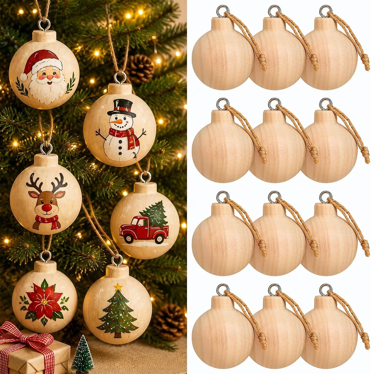 Hiboom 12 Pcs Unfinished Christmas Ball Ornaments Paulownia Wood 2.4in | Blank Ball Ornament for Christmas Tree, DIY Paintable Ball Decoration for Hanging, Natural Round, for Craft Art Holiday Party