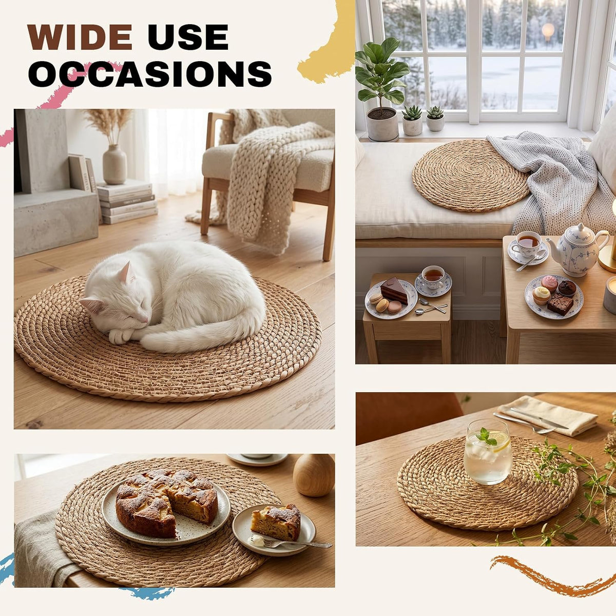 24 Pcs Woven Placemats - PAWFFEWE 13 in Round Natural Water Hyacinth Place Mats Coasters, Farmhouse Boho Straw Heat Resistant Outdoor Patio Rattan Wicker Table Mats for Dining Table,Home,Wedding
