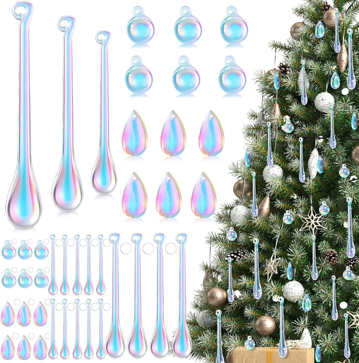 100 Pcs Christmas Tree Acrylic Hanging Ornaments,Clear | Teardrop Ornaments 5 Styles Christmas Crystal Chandelier Pendant Crystals for Centerpieces Chandelier Wedding Decor