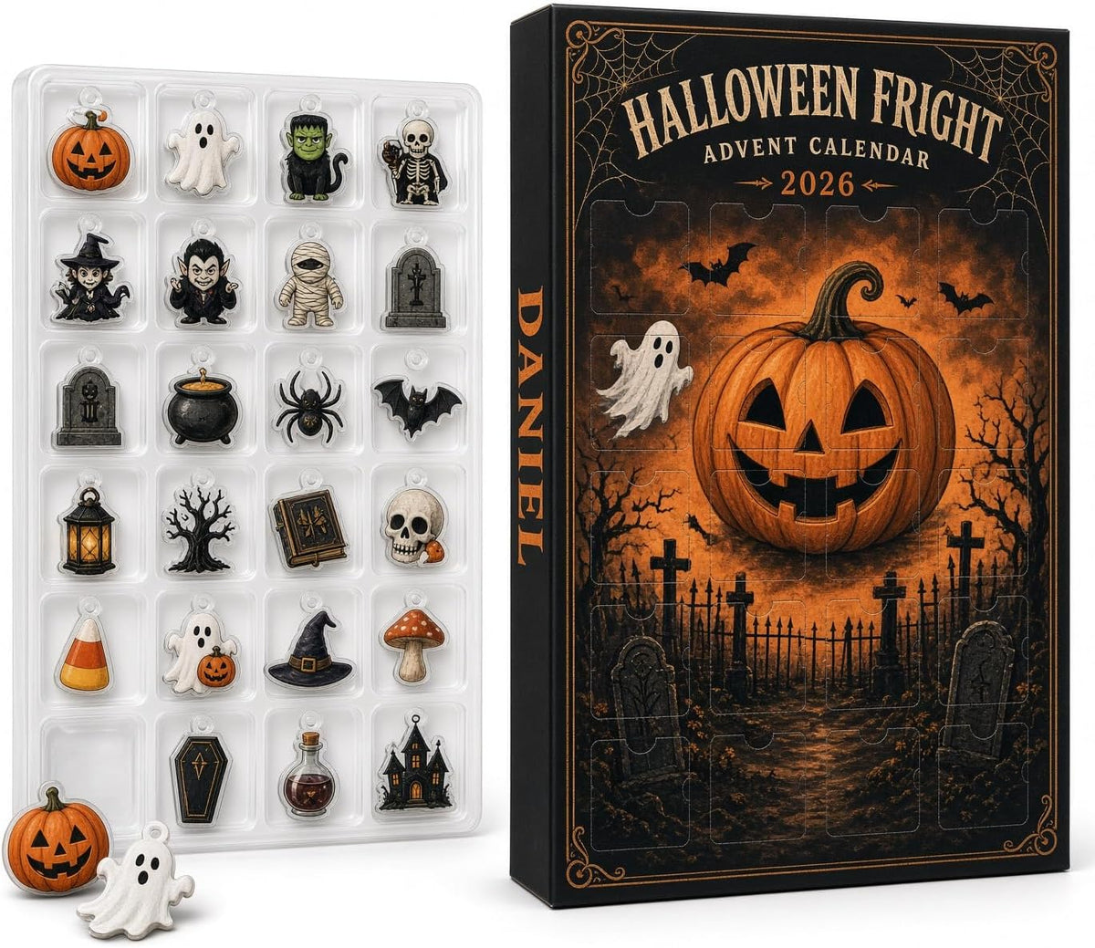 Halloween Advent Calendar 2026, Dark Goth Graveyard Countdown | 24 compartments, 3 mm acrylic or wood charms, UV printed, hanging strings, reusable countdown box