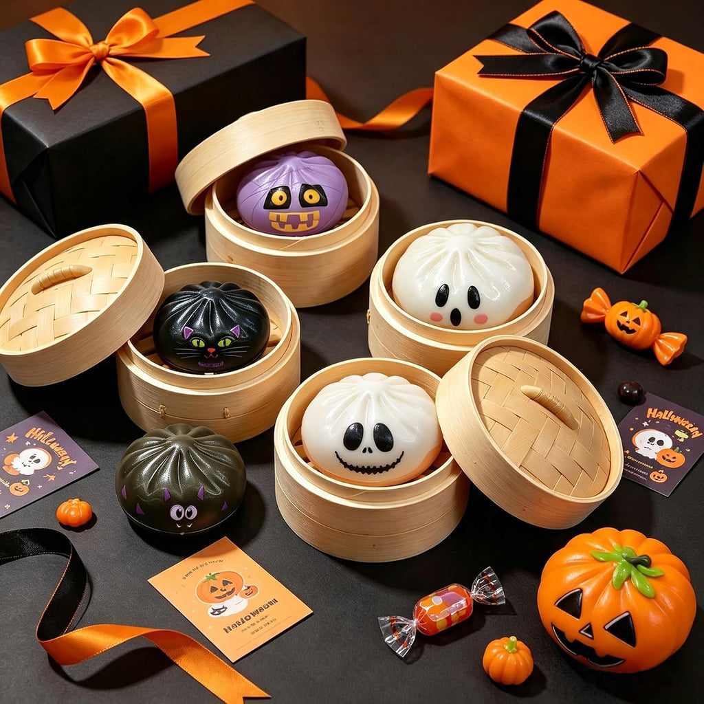 Halloween Dumpling Mystery Box 6 Pcs Tabletop Decor Set | Pumpkin Ghost Cat Skull Designs, Soft PU Material, Steamer Basket Display, Collectible Ornament