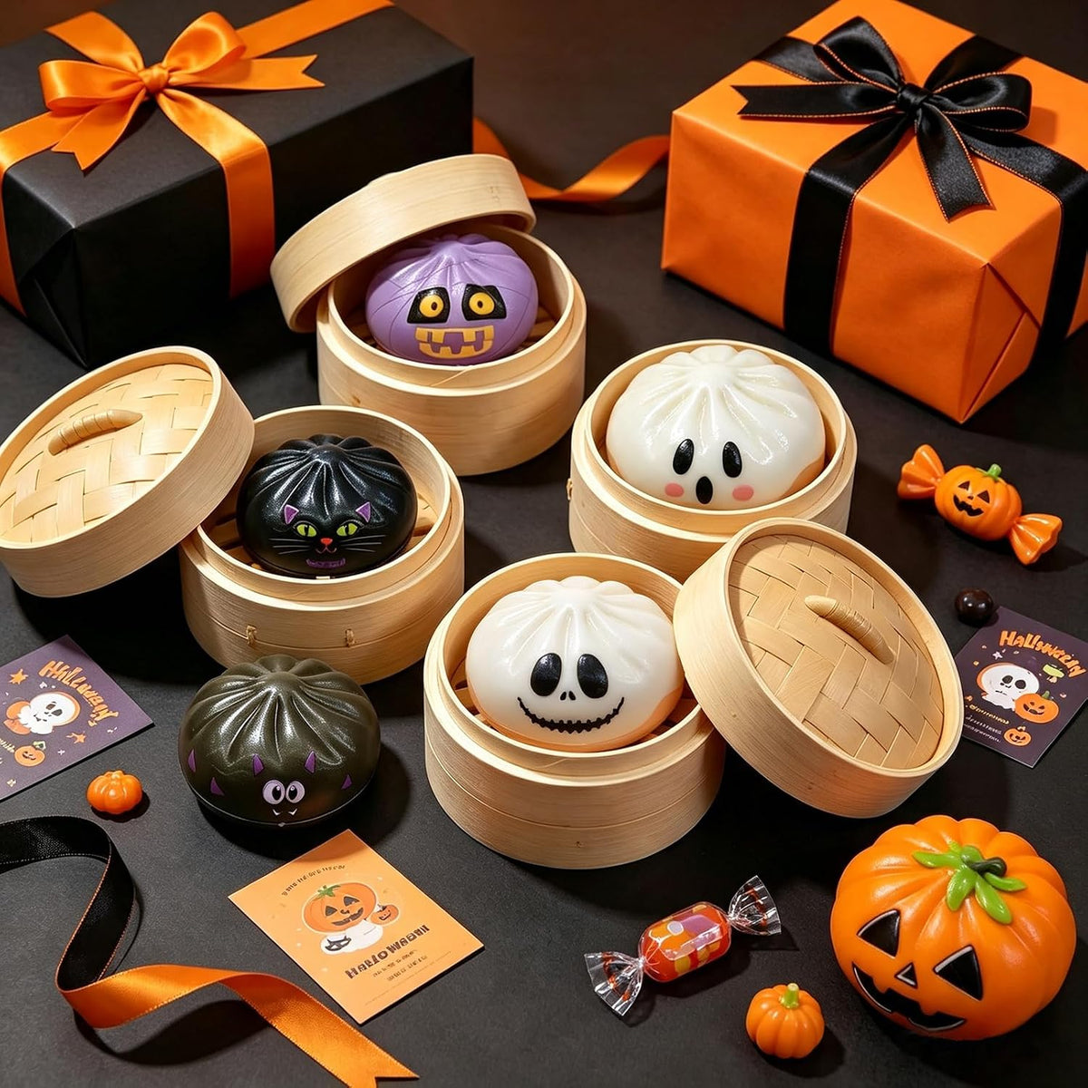 Halloween Dumpling Mystery Box 6 Pcs Tabletop Decor Set | Pumpkin Ghost Cat Skull Designs, Soft PU Material, Steamer Basket Display, Collectible Ornament