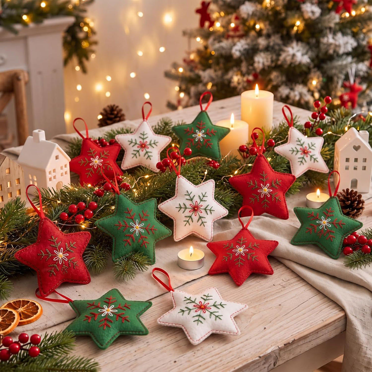 12 Pcs Embroidered Felt Christmas Star Snowflake 3D Ornaments Bulk | 5.5 Inches, Embroidered Soft Texture, Red and Green, for Xmas Hanging Ornaments, Winter Holiday Favors, Swedish Nordic Decors