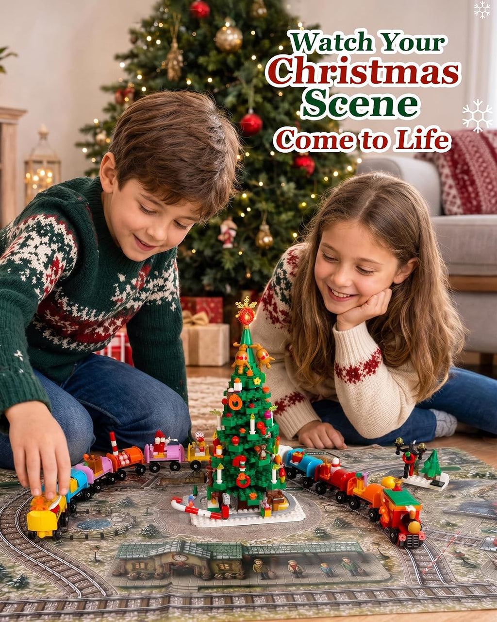 Christmas Tree and Train Advent Calendar 2026 for Kids Teens Adults | 1600 PCS Building Block Set with Warm Lights and an Interactive Map, Christmas Decor Holiday Gift for Boys and Girls