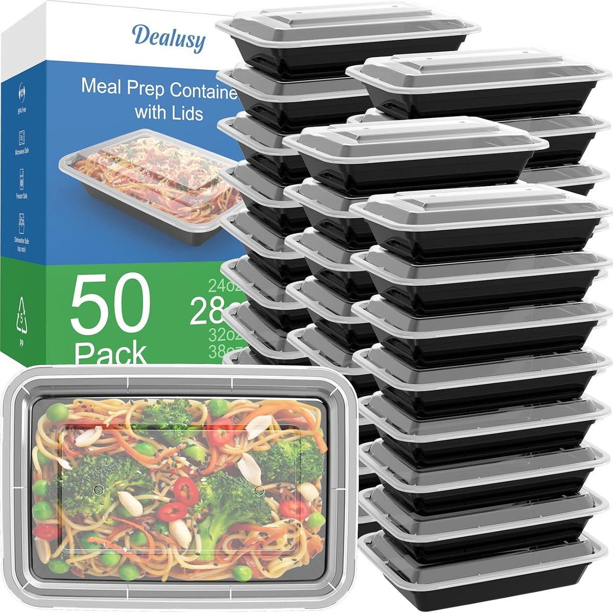 Dealusy 50 Pack (100-Piece) 24 oz Meal Prep Containers Reusable with Lids | Sturdy Leakproof & Food Safe, Microwave, Freezer, Dishwasher Safe Prep Containers, To Go Take Out Plastic Food Storage